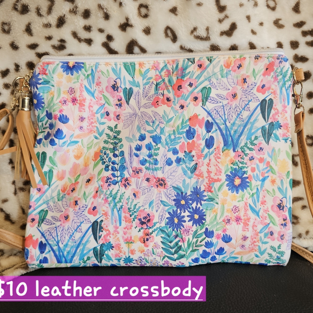 Cream and Blue Crossbody Bag with Watercolor Floral Design